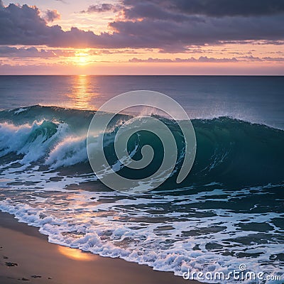 beautiful sea landscape with a sunset. evening purple sky with clouds over ocean. sea surf with waves made with Stock Photo