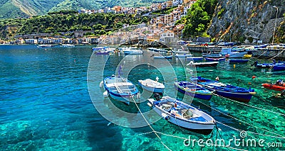 Beautiful sea and places of Calabria -Scilla town with traditional fishing boats. south of Italy Stock Photo