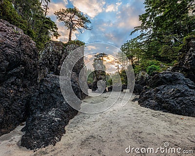 Beautiful sea stacks at sunrise on San Josef Bay in Cape Scott Provincial park on Vancouver Island, British Columbia, Canada Stock Photo