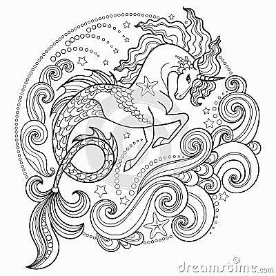 Beautiful sea unicorn surrounded by waves Hippocampus. Black and white. Vector Vector Illustration