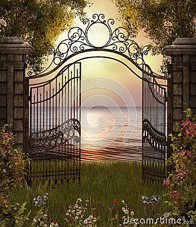 Beautiful Sea View through Gate Stock Photo