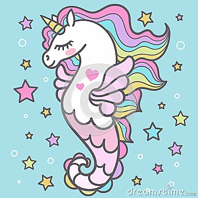 Beautiful seahorse among the stars. Unicorn. Vector Vector Illustration