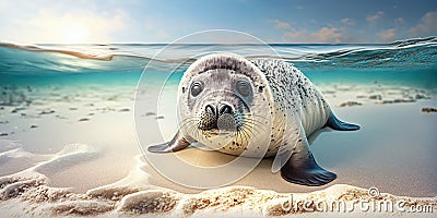 Young seal pup on the seashore, wide angle view Stock Photo