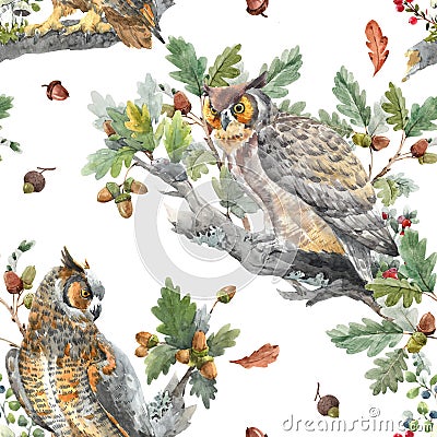 Beautiful seamless autumn forest pattern with watercolor hand drawn owl birds. Stock illustration. Cartoon Illustration