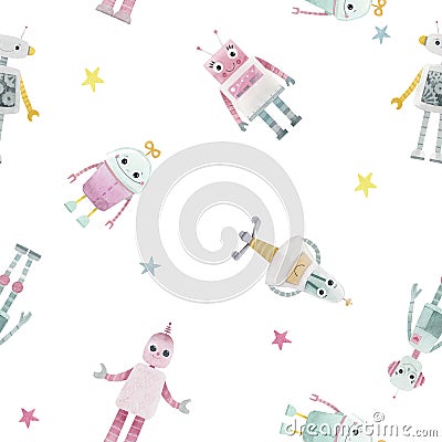 Beautiful seamless baby girl pattern with cute hand drawn watercolor robots. Stock illustration. Cartoon Illustration