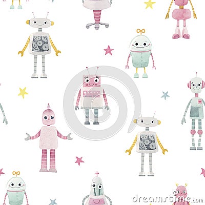 Beautiful seamless baby girl pattern with cute hand drawn watercolor robots. Stock illustration. Cartoon Illustration