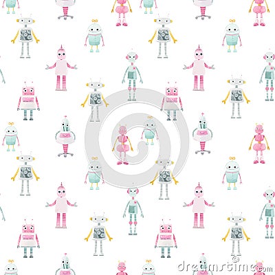 Beautiful seamless baby girl pattern with cute hand drawn watercolor robots. Stock illustration. Autotraced vector. Vector Illustration