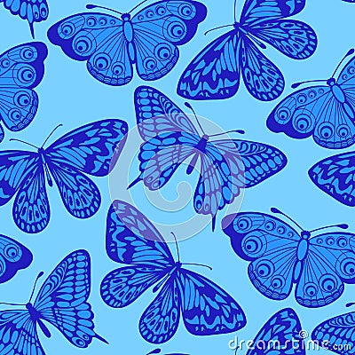 Beautiful seamless background, blue butterfly. Vector Illustration