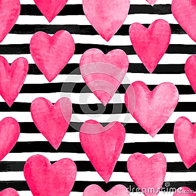 Beautiful seamless background with pink watercolor hearts on horizontal ink, black and white stripes. Vector Illustration
