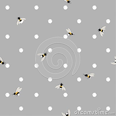 Beautiful seamless bees pattern on painting white polka dots background. Hand drawing bee illustration style design Cartoon Illustration