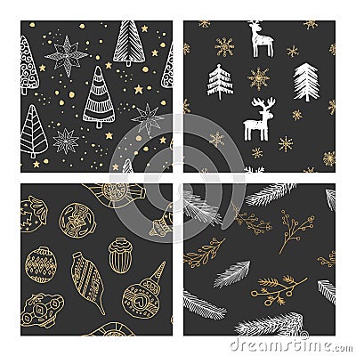 Beautiful seamless Christmas and winter patterns, drawn by hand. Many festive elements and patterns Vector Illustration