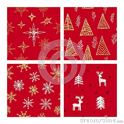 Beautiful seamless Christmas and winter patterns, drawn by hand. Many festive elements and patterns Vector Illustration