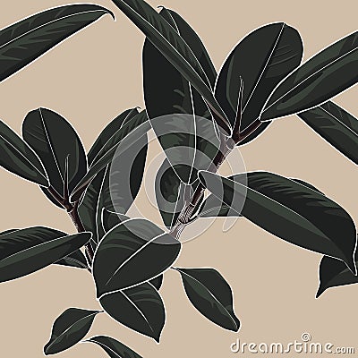 Beautiful seamless floral pattern background with dark tropical ficus elastica. Stock Photo