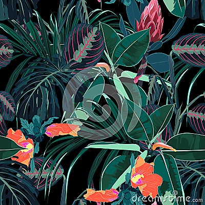Beautiful seamless floral pattern background with tropical dark jungle plants and flowers. Stock Photo