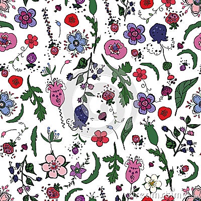 Beautiful seamless floral pattern with berries,herbs and flowers in doodling style Vector Illustration