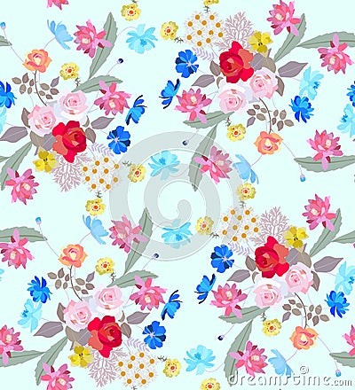 Beautiful seamless floral pattern with detailed gardening flowers Vector Illustration