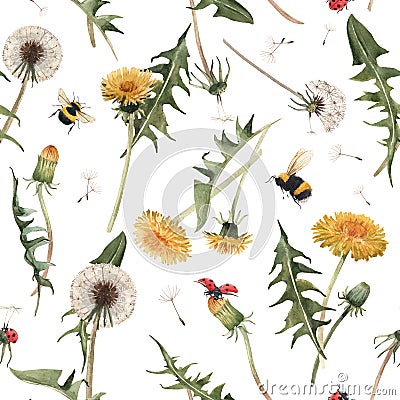 Watercolor dandelion blowball floral seamless pattern Stock Photo