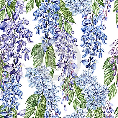 Beautiful seamless floral summer pattern background with tropical flowers, wisteria. Stock Photo