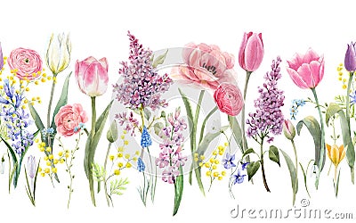 Beautiful seamless horizontal floral pattern with watercolor spring flowers. Stock illustration. Stock Photo