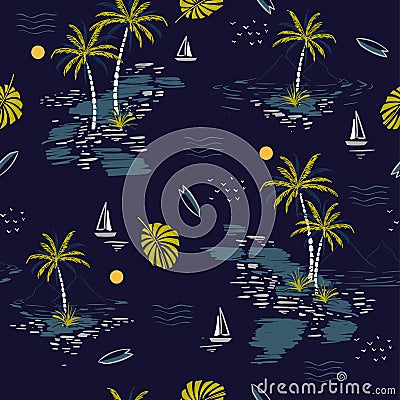 Beautiful seamless island pattern on dark blue background. Lands Stock Photo