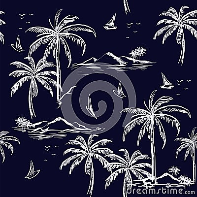 Beautiful seamless island pattern on navy blue background. Stock Photo