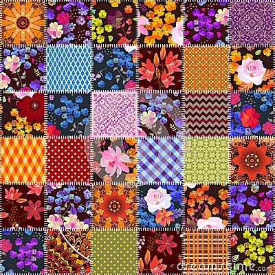 Beautiful seamless patchwork pattern with flowers. Colorful quilt design from stitched square patches with different ornaments Vector Illustration