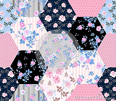 Beautiful seamless patchwork pattern with rose flowers and polka dot. Floral quilt design Vector Illustration