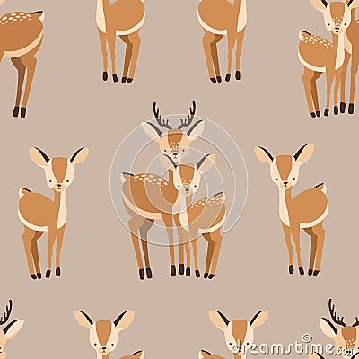 Beautiful seamless pattern with adult and baby deers on brown background. Backdrop with cute and funny cartoon forest Vector Illustration