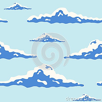 Beautiful seamless pattern with curly clouds of different size in blue sky drawn in pop art style. Backdrop with Vector Illustration