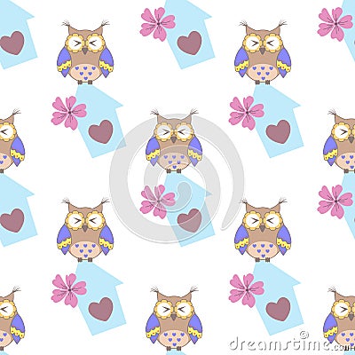 Beautiful seamless pattern with cute owls and birdhouse Vector Illustration