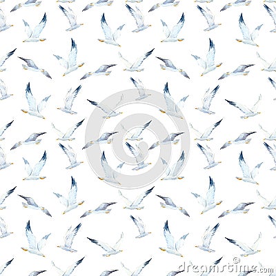 Beautiful seamless pattern with cute watercolor seagulls. Stock illustration. Cartoon Illustration