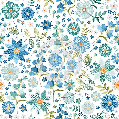 Beautiful seamless pattern with embroidery blue flowers on white background. Fashion summer design Vector Illustration