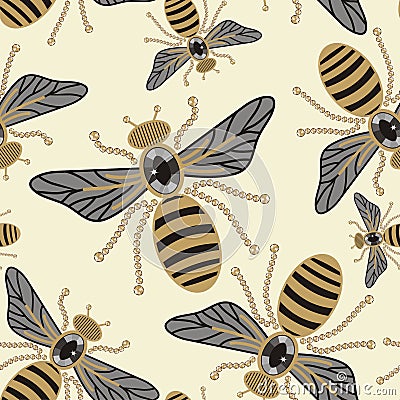 Beautiful seamless pattern of flying bees shiny gold and black print with precious rhinestones, embroidery and jewelry. Vector Illustration