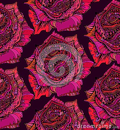 Beautiful seamless pattern with hand drawn ornate pink rose flow Stock Photo