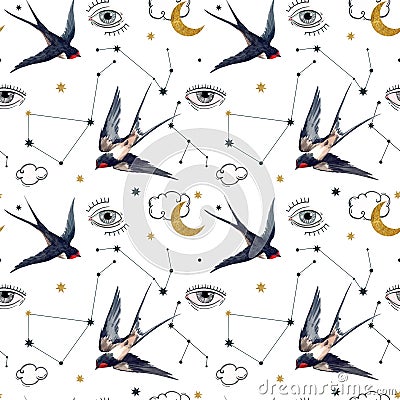 Beautiful seamless pattern with watercolor birds, moons and eyes. Stock illustration. Cartoon Illustration