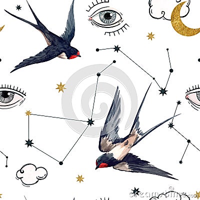 Beautiful seamless pattern with watercolor birds, moons and eyes. Stock illustration. Cartoon Illustration