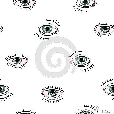 Beautiful seamless pattern with watercolor eyes. Stock illustration. Cartoon Illustration