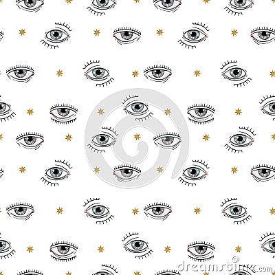 Beautiful seamless pattern with watercolor eyes. Stock illustration. Cartoon Illustration