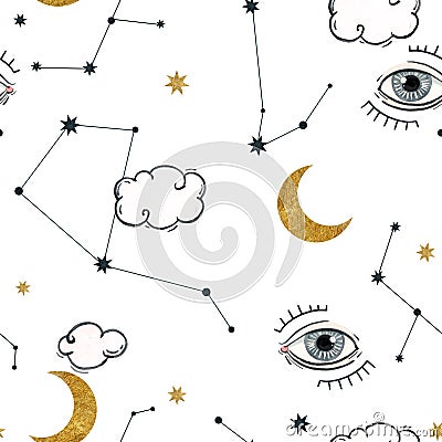 Beautiful seamless pattern with watercolor eyes. Stock illustration. Cartoon Illustration