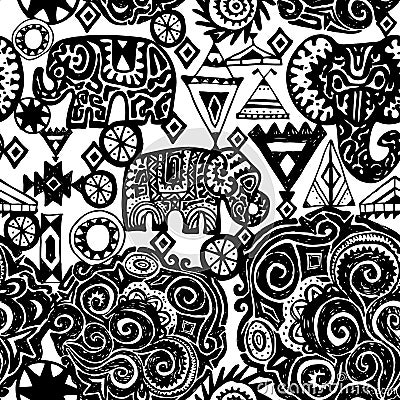 Beautiful seamless pattern Indian Elephant with ornamental. Hand drawn ethnic tribal decorated Elephant. White contour on Black ba Vector Illustration