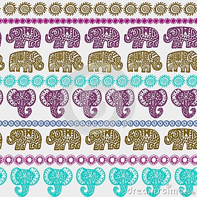 Beautiful seamless pattern Indian Elephant with ornamental strips. Hand drawn ethnic tribal decorated Elephant. teal purple olive Vector Illustration