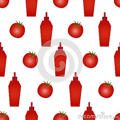 Beautiful Seamless Pattern With Many Red Tomatoes And Bottles With Ketchup. Modern Design Template. Trendy Textile Vector Illustration