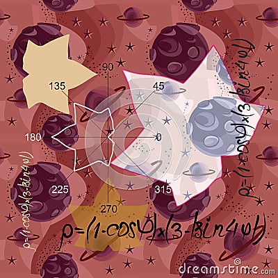 Beautiful seamless pattern with mathematical formulas, algebraic curves in the form of a maple leaf on a cosmic background. Vector Illustration