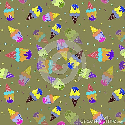 Beautiful Seamless pattern of multicolored or different flavor ice cream cone, moss green color background. summer season concept Vector Illustration