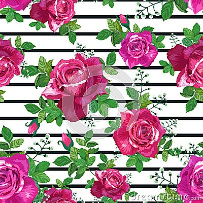 Beautiful seamless pattern with pink,red,yellow roses on a white background black stripes. Vector Illustration