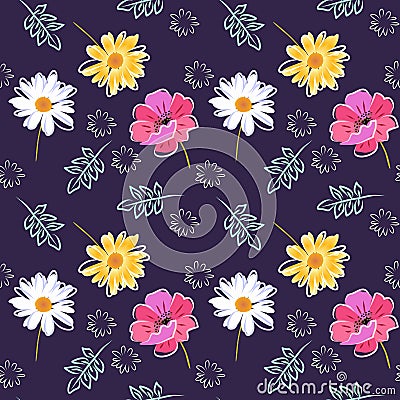 Beautiful seamless pattern with poppy, daisy, marigold flowers and leaves on dark purple background. Fashionable print for fabric Vector Illustration