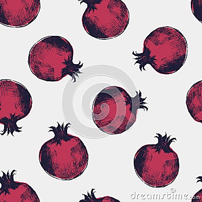Beautiful seamless pattern with red pomegranates hand drawn in elegant antique style. Ripe fresh fruits on light Vector Illustration