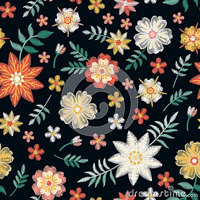 Beautiful seamless pattern with red, yellow and white embroidery flowers on black background. Embroidered print for fabric Vector Illustration