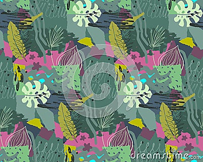 Beautiful seamless pattern with ropical jungle palm leaves and abstract texture Vector Illustration