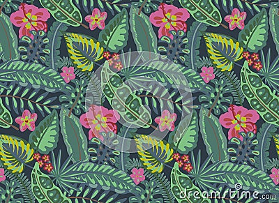Beautiful seamless pattern with ropical jungle palm leaves and flowers. Vector Illustration